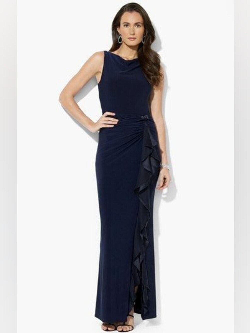 Lauren Ralph Lauren Navy Blue Ruched Evening Gown Ruffle Trim Side Slit Size 6 - Picture 2 of 14